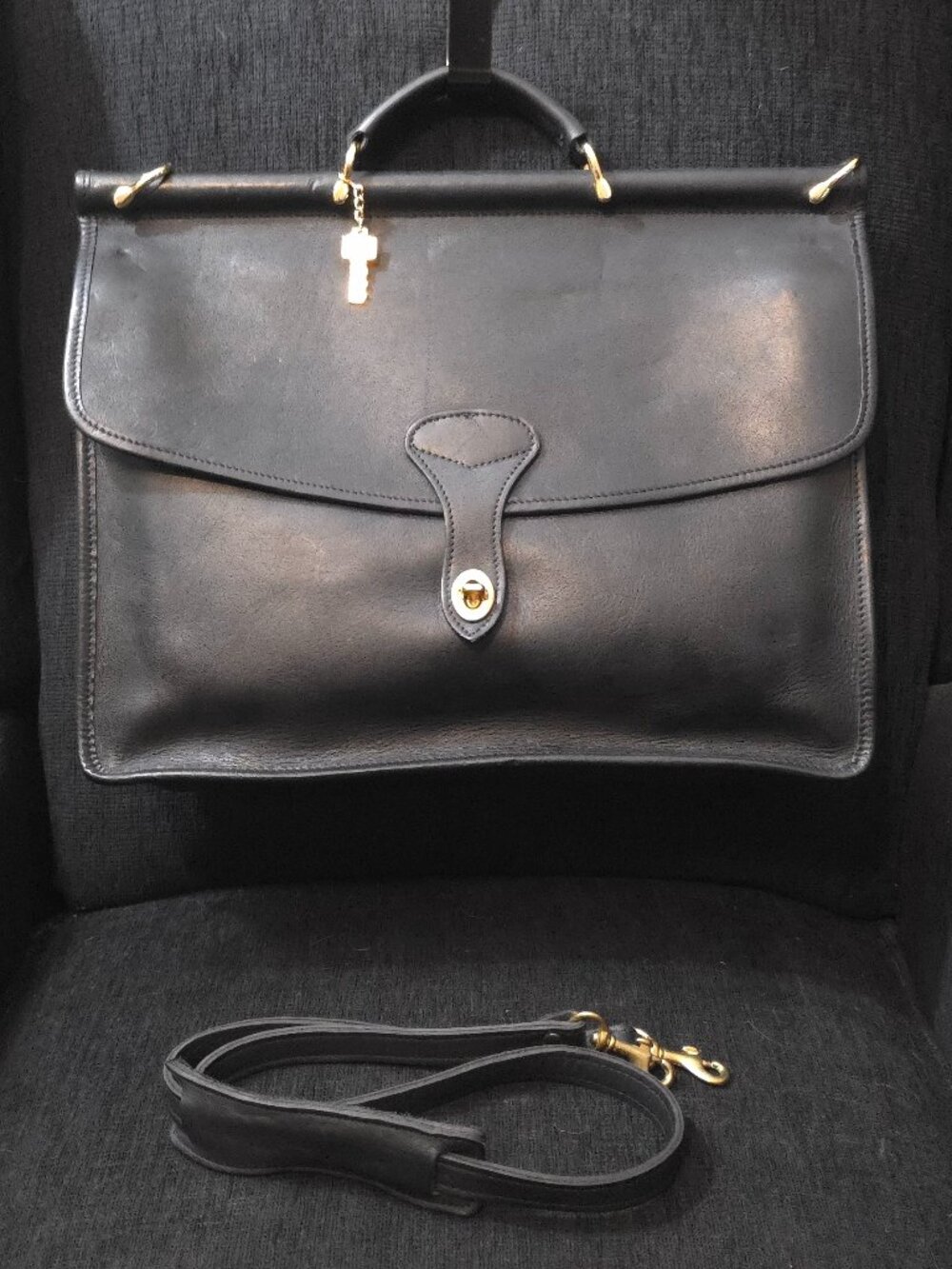 Vintage Jack Georges University Collection Black Leather Slim Dowel Briefcase